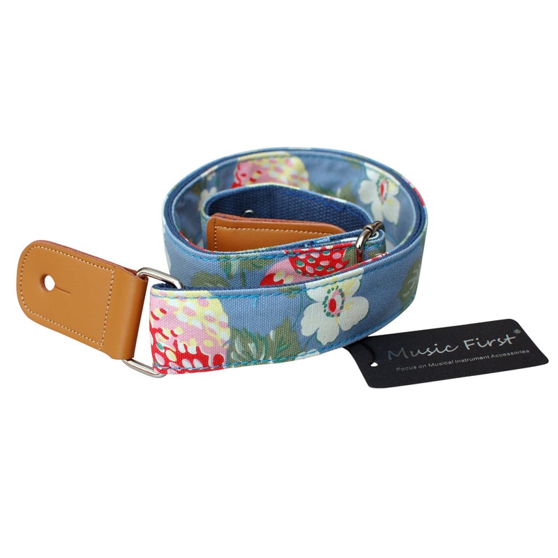 MUSIC FIRST Original Design â€œStrawberry Flowersâ€ Vintage style Soft Canvas & Genuine Leather Ukulele Strap Ukulele Shoulder Strap - Image 4